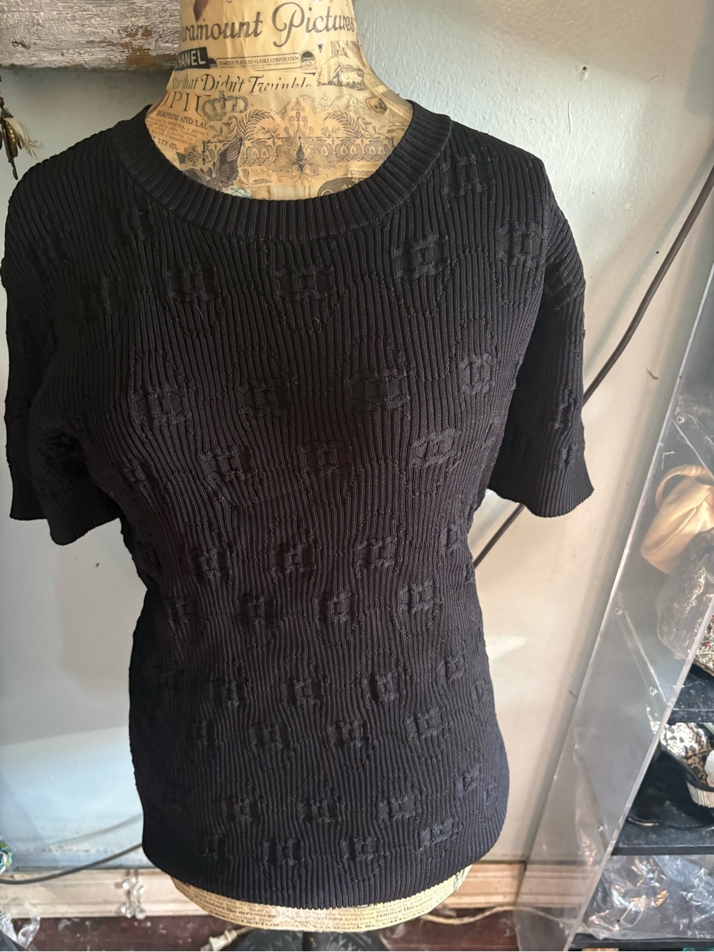 CHANEL Black Short Sleeve Textured Logo Knit Top
